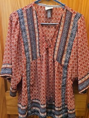 Women's Boho Tie-Front Peasant Top - Rust Floral
